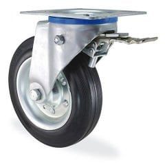 KAMA 3302SLS250F09 Tabla Bağlantılı, Fren Sistemli, Döner Teker, Sac Jant Üzeri Siyah Lastik Kaplı, Masuralı Teker, Frenli Teker 250 mm Çap