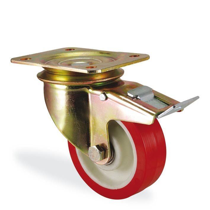 KAMA K4102PUR100F18 Ağır Tip Döner Maşalı, Rulmanlı Poliüretan Teker, Frenli Teker, Kama Poliüretan Teker, 100 mm Çap 80 ADETLİK PALET