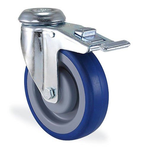 KAMA 2800MRR125F18 Delik Bağlantılı, Fren Sistemli, Döner Maşa, Mavi Lastik Kaplı, Rulmanlı Teker, Frenli Rulmanlı Teker 125 mm Çap