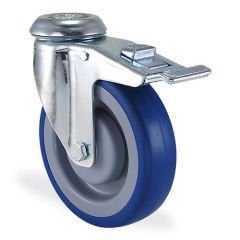 KAMA 2800MRR125F18 Delik Bağlantılı, Fren Sistemli, Döner Maşa, Mavi Lastik Kaplı, Rulmanlı Teker, Frenli Rulmanlı Teker 125 mm Çap