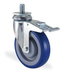 KAMA 2801MRR100F18 5/8 Cıvata Bağlantılı, Fren Sistemli, Döner Maşa, Mavi Lastik Kaplı, Rulmanlı Teker, Frenli Rulmanlı Döner Teker 100 mm Çap