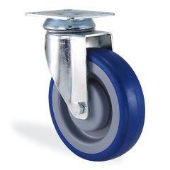 KAMA 2802MRR125 DönerTabla Bağlantılı, Döner Maşa, Mavi Lastik Kaplı, Rulmanlı Teker, Tablalı Rulmanlı Teker 125 mm Çap