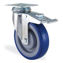 KAMA 2802MRR100F18 Döner tabla Bağlantılı, Fren Sistemli Maşa, Mavi Lastık Kaplı, Rulmanlı Teker, Frenli Teker, Rulmanlı Teker 100 mm Çap