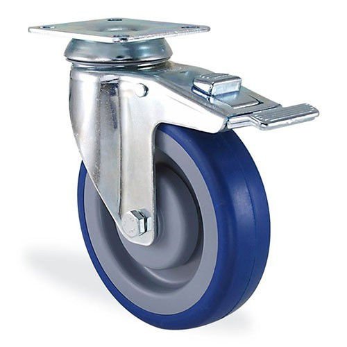 KAMA 2802MRR125F18 Döner tabla Bağlantılı, Fren Sistemli Maşa, Mavi Lastık Kaplı, Rulmanlı Teker, Frenli Teker, Rulmanlı Teker 125 mm Çap
