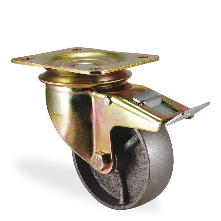KAMA K4102DDB200F18 Ağır Tip Döner Tablalı Teker, Döküm Teker, Frenli Döküm Teker, 200 mm Çap