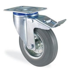 KAMA K3302SES100F18 Tabla Bağlantılı, Fren Sistemli, Döner Maşa, Sac Jant Üzeri Gri Lastik Sırtlı, Masuralı Teker, Döner Teker, Tablalı Teker 100 mm Çap