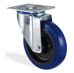 KAMA 3302PRS100 Tabla Bağlantılı, Döner Maşa, Poliamid 6 kasnaklı, Mavi Lastik Kaplı, Masuralı Teker, Döner Teker 100 mm Çap