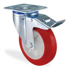 KAMA K3302PUB125F18 Tabla Bağlantılı, Fren Sistemli, Döner Maşa, Poliüretan Kaplı, Kendinden Burçlu Teker, Poliüretan Teker, Frenli Teker 125 mm Çap